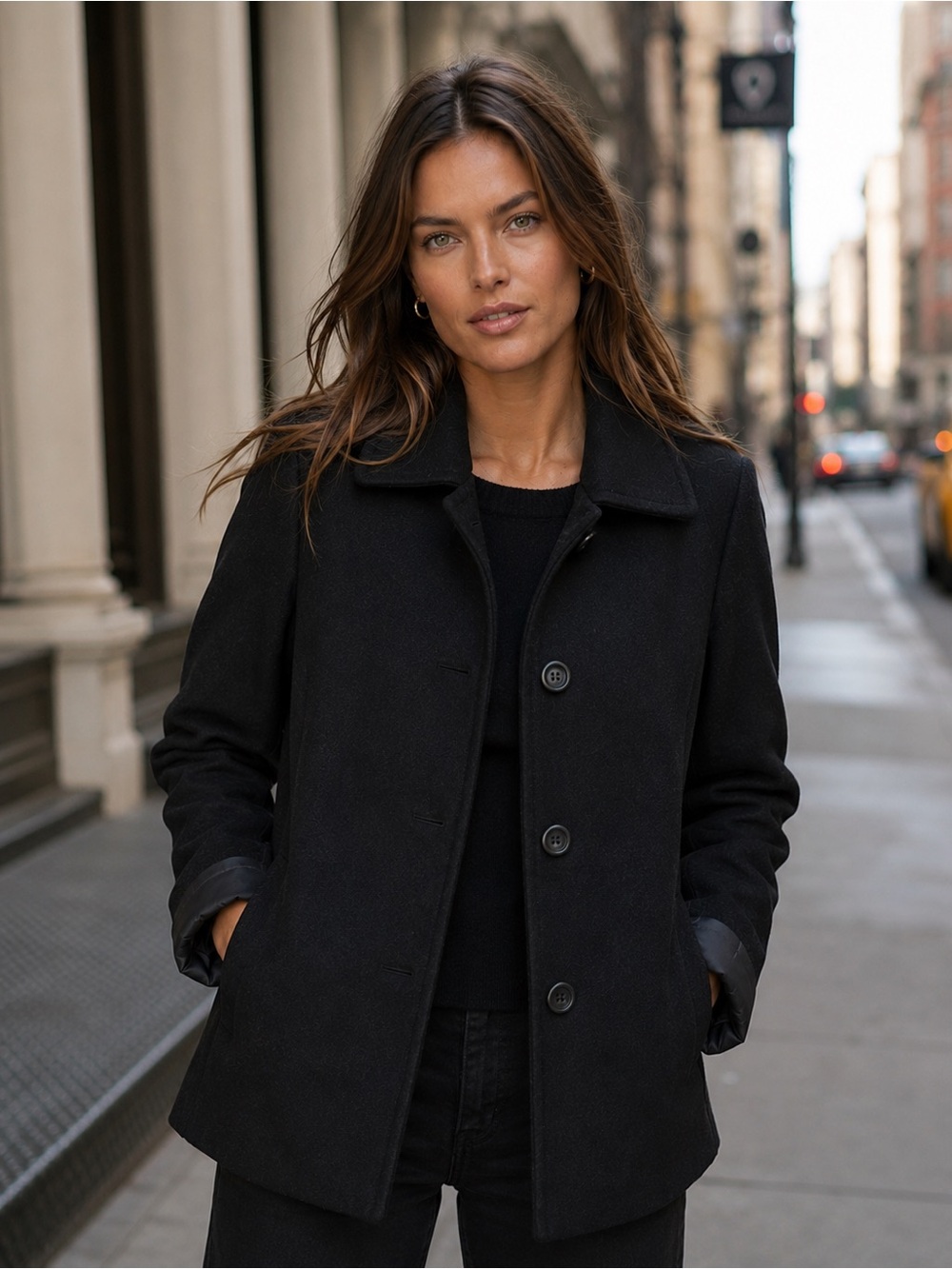 Lands’ End Black Wool Blend Pea Coat Jacket | Classic Button Front Tailored Coat